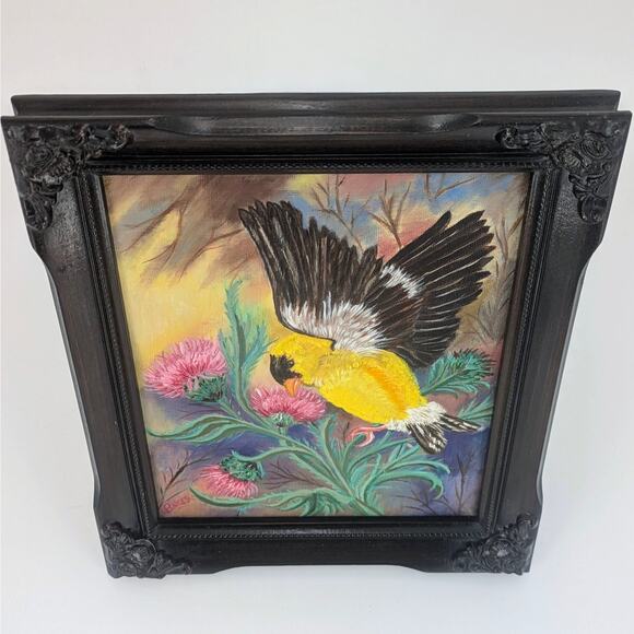 Goldfinch Bird Thistle Painting Framed Original Art 8x10 Canvas Signed Acrylic - Picture 9 of 11